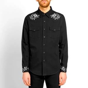SAINT LAURENT Paris YSL FLORAL EMBROIDERED WESTERN BLACK DENIM FLAP SHIRT JACKET